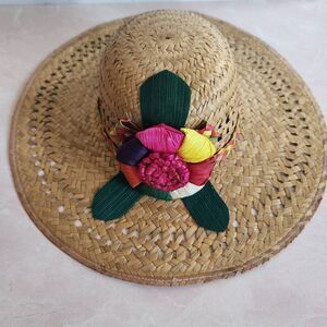 Straw woven sun hat wide brim Mexican floral 3D chunky flowers